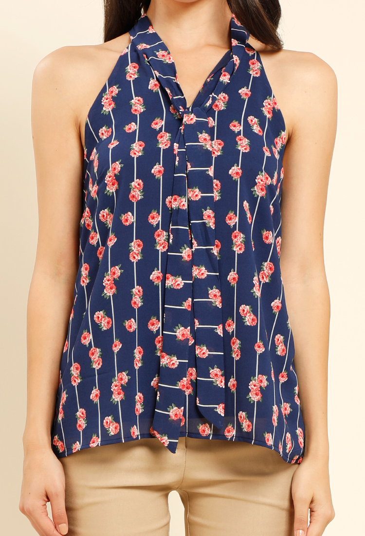 Floral Print Self-Tie Front Sleeveless Blouse