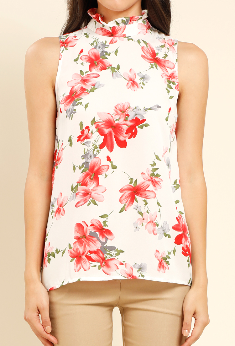 High Neck Ruffle Floral Printed Top
