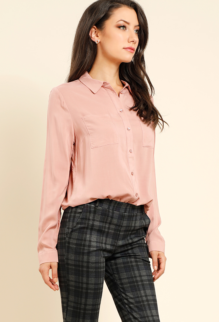 Two Pocket Front Accented High Low Blouse 