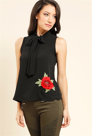 Tie Up Front Embroidery Accented Top 