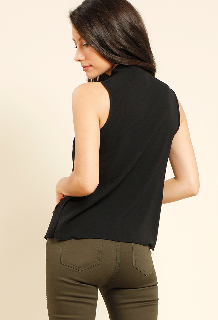 Tie Up Front Embroidery Accented Top 