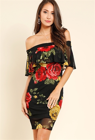 Floral Mesh Off-The-Shoulder Flounce Dress