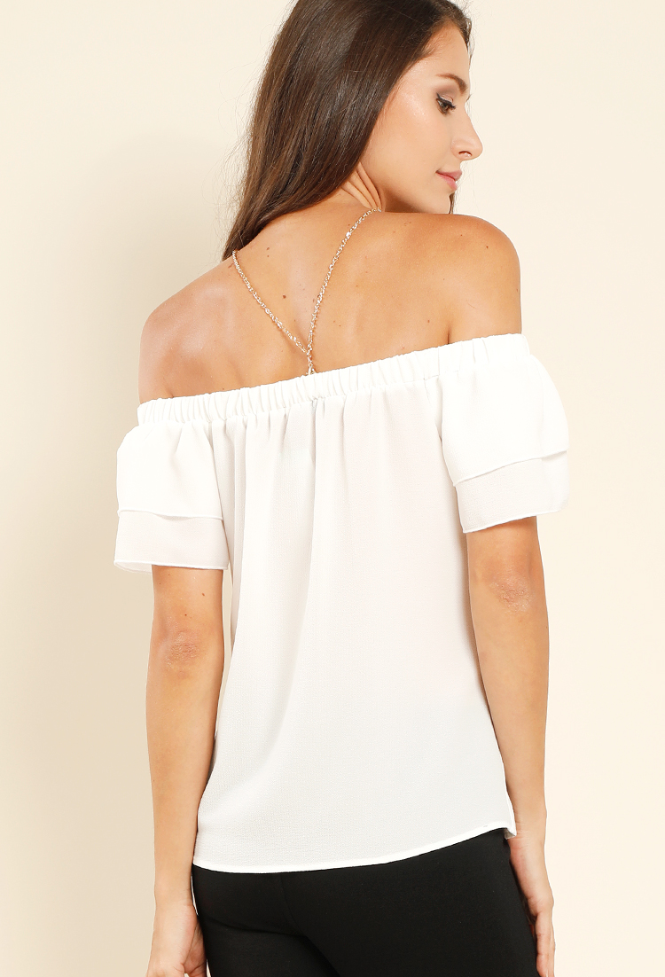 Tiered Ruffle Sleeve Off-The-Shoulder Top W/ Necklace
