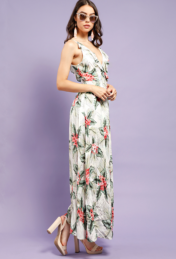 Tropical Floral Print Wrap Maxi Dress