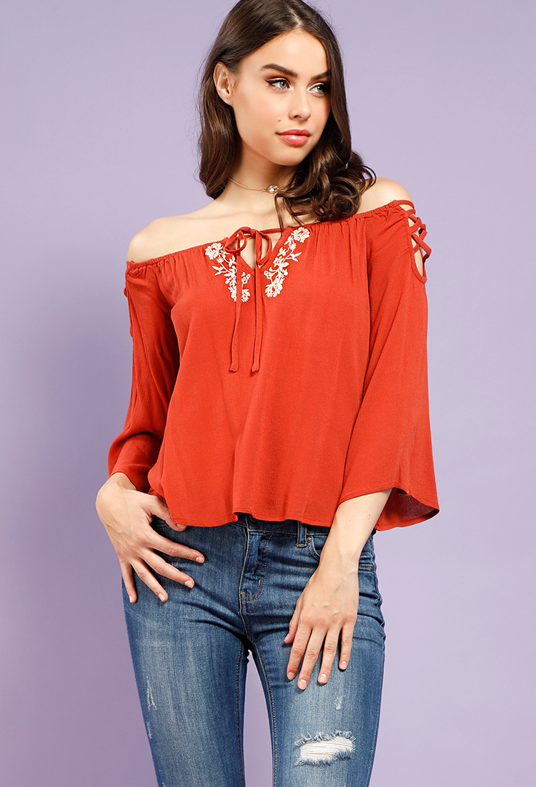 Embroidered Strappy Off-The-Shoulder Top