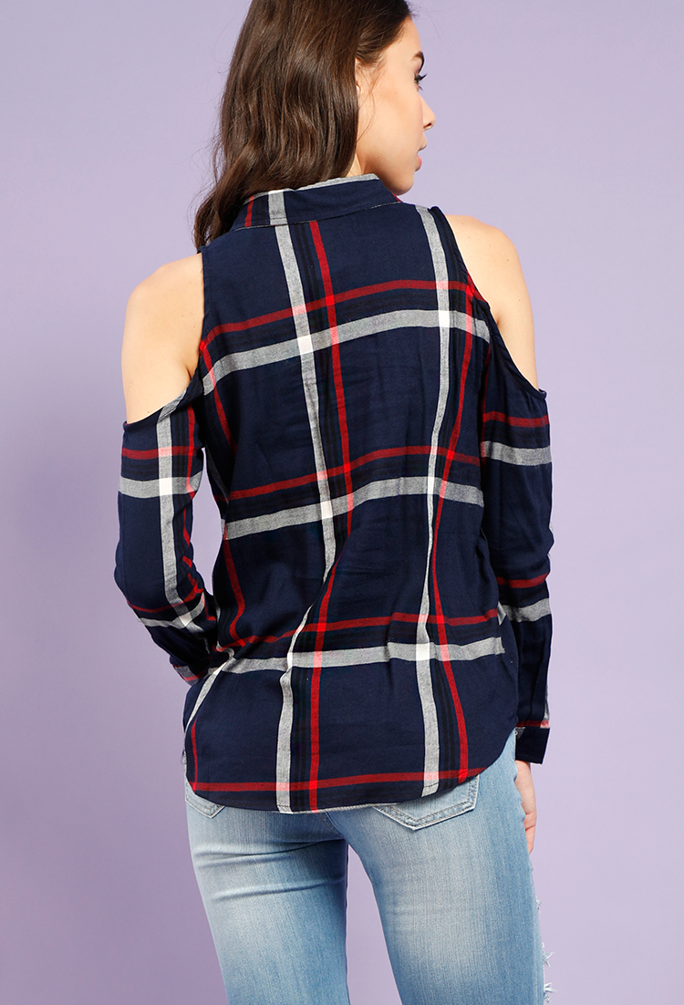 Plaid Flannel Open-Shoulder Shirt