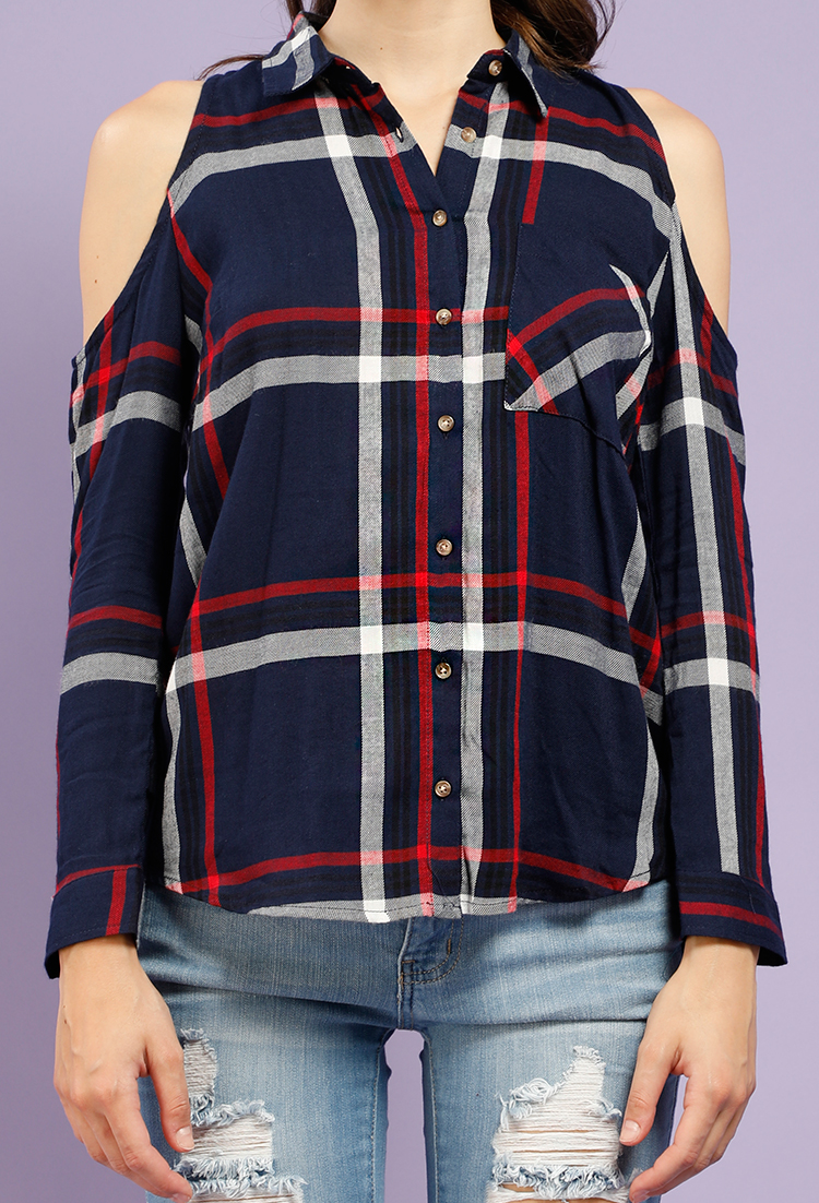 Plaid Flannel Open-Shoulder Shirt
