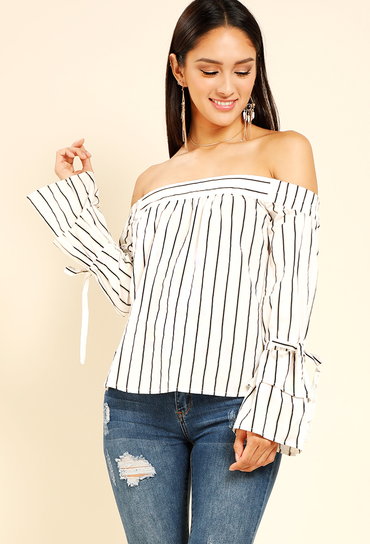 Striped Bell-Sleeve Off-The-Shoulder Top