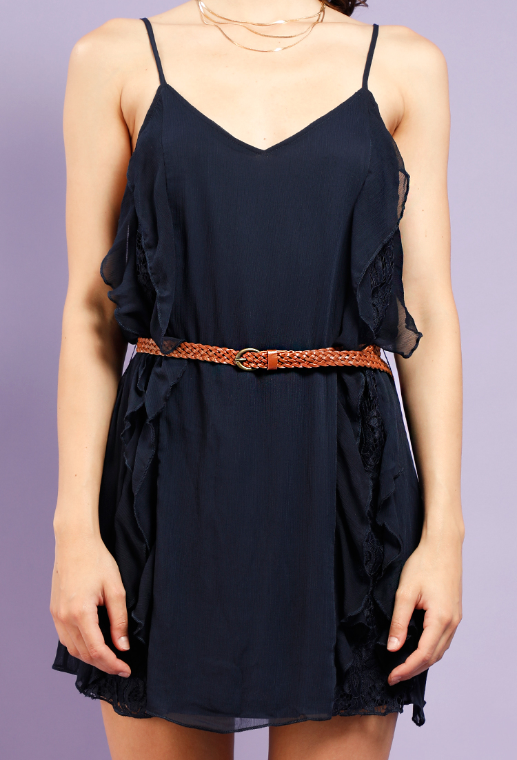 Belted Lace-Paneled Mini Dress