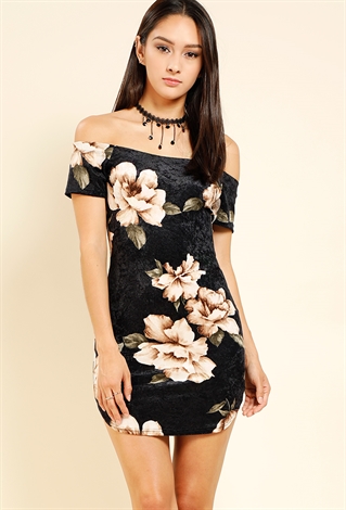 Velvet Floral Off-The-Shoulder Dress W/ Necklace