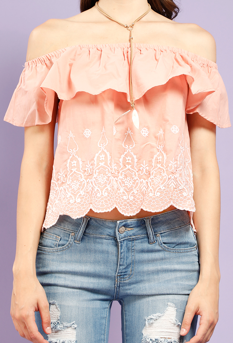 Embroidered Flounce Off-The-Shoulder Top