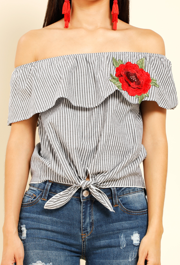 Floral Embroidered Knotted Striped Blouse