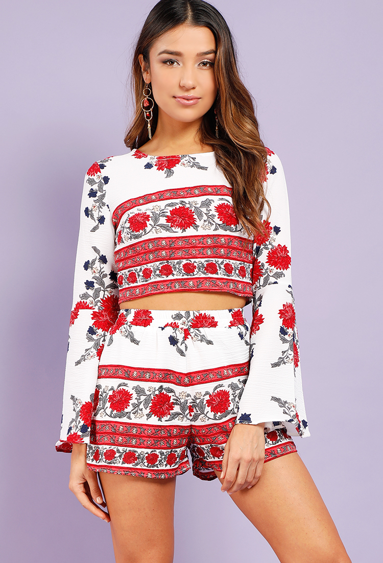 Floral Print Bell-Sleeve Top And Shorts Set