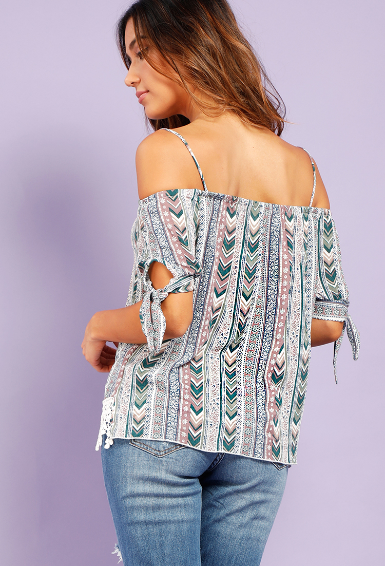 Crochet Trimmed Abstract Printed Open-Shoulder Top