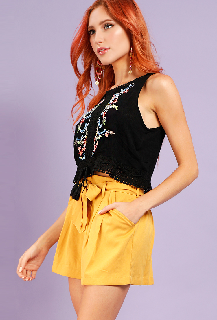 Floral Embroidered Tasseled Top