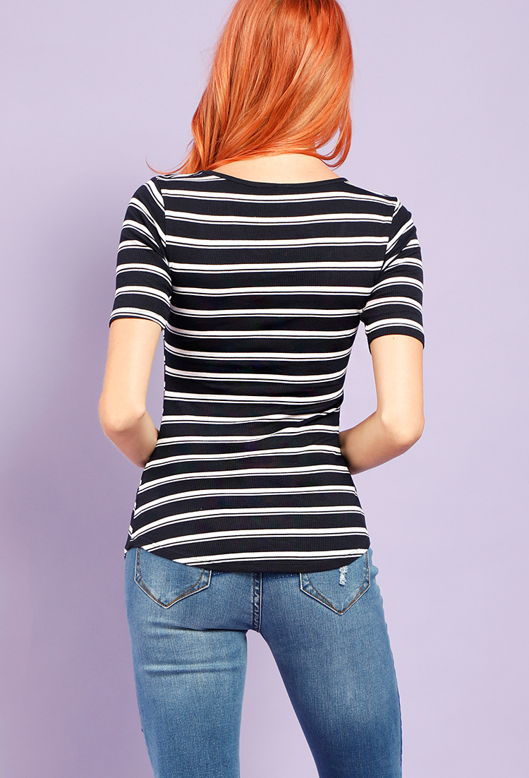 Striped Ribbed Lace-Up Front Tee