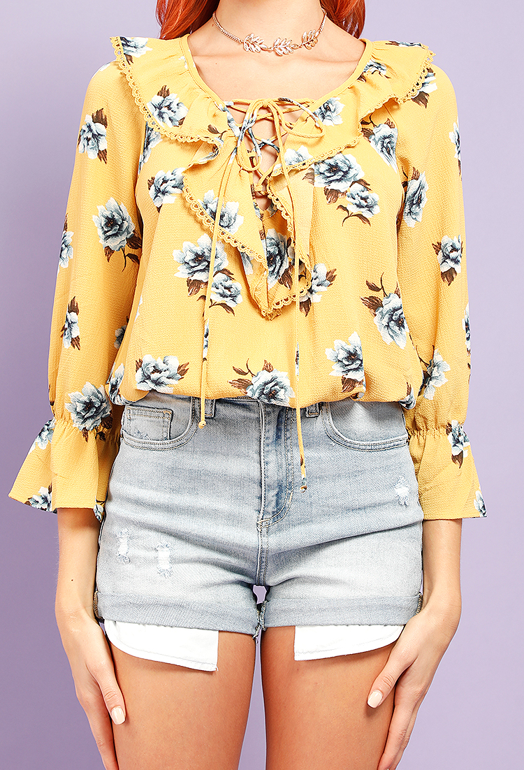 Flounce Accented Self-Tie Front Floral Blouse
