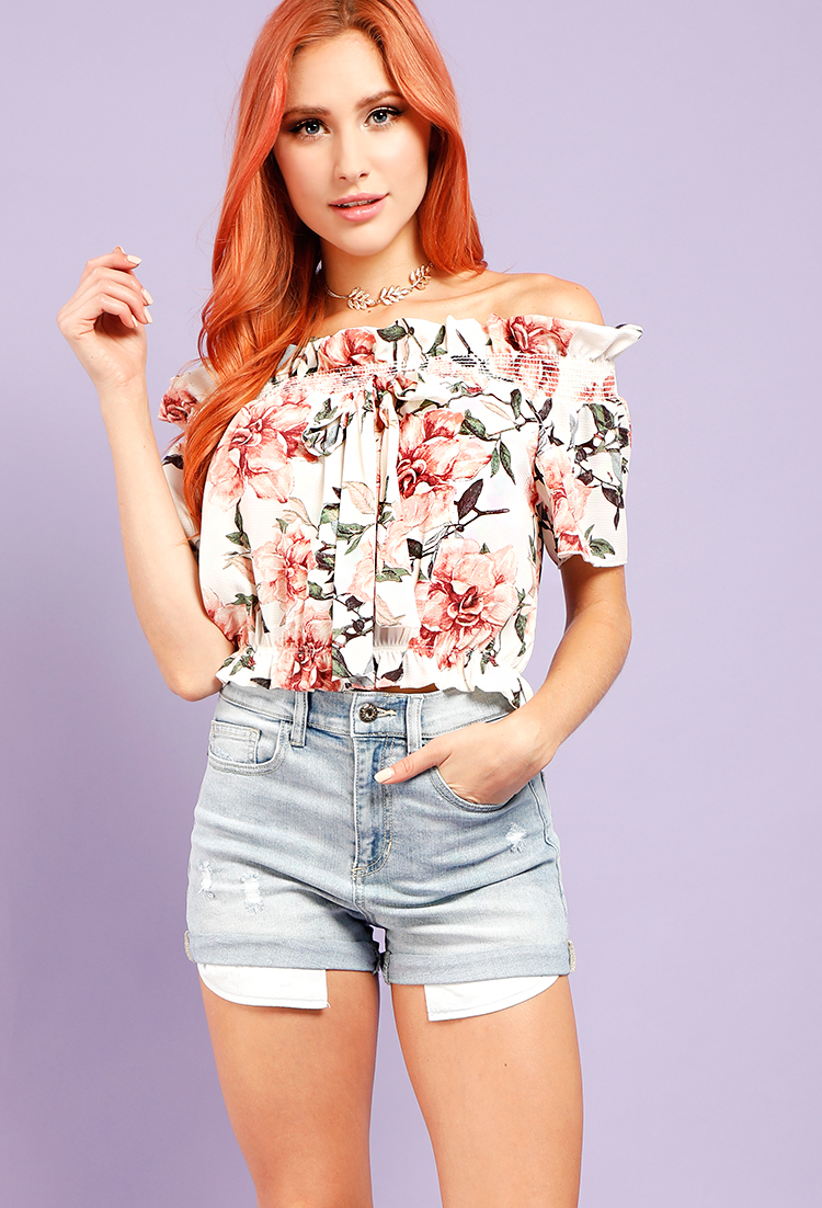 Smoked Floral Off-The-Shoulder Crop Top