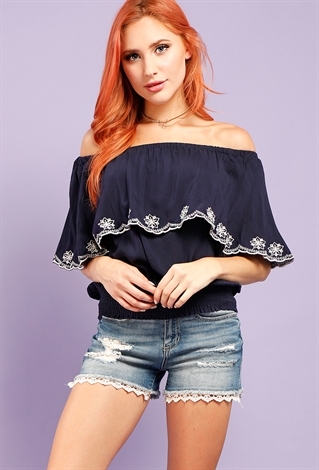 Floral Embroidered Flounce Off-The-Shoulder Top