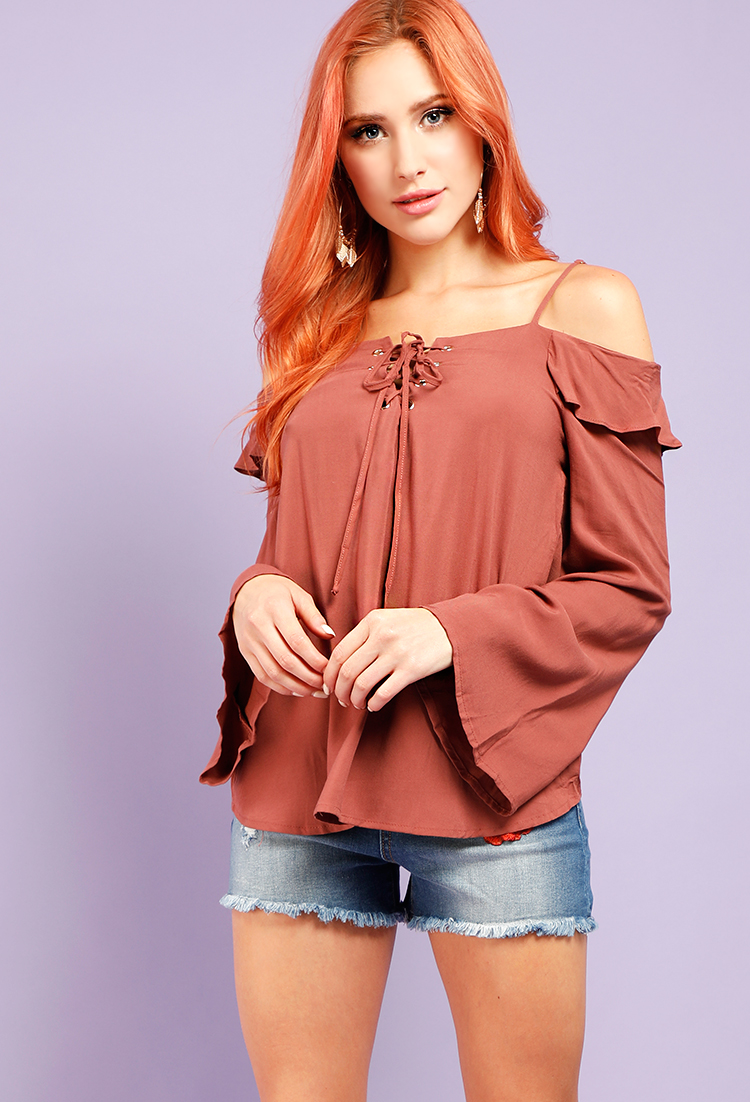 Lace Up Ruffled Open-Shoulder Blouse