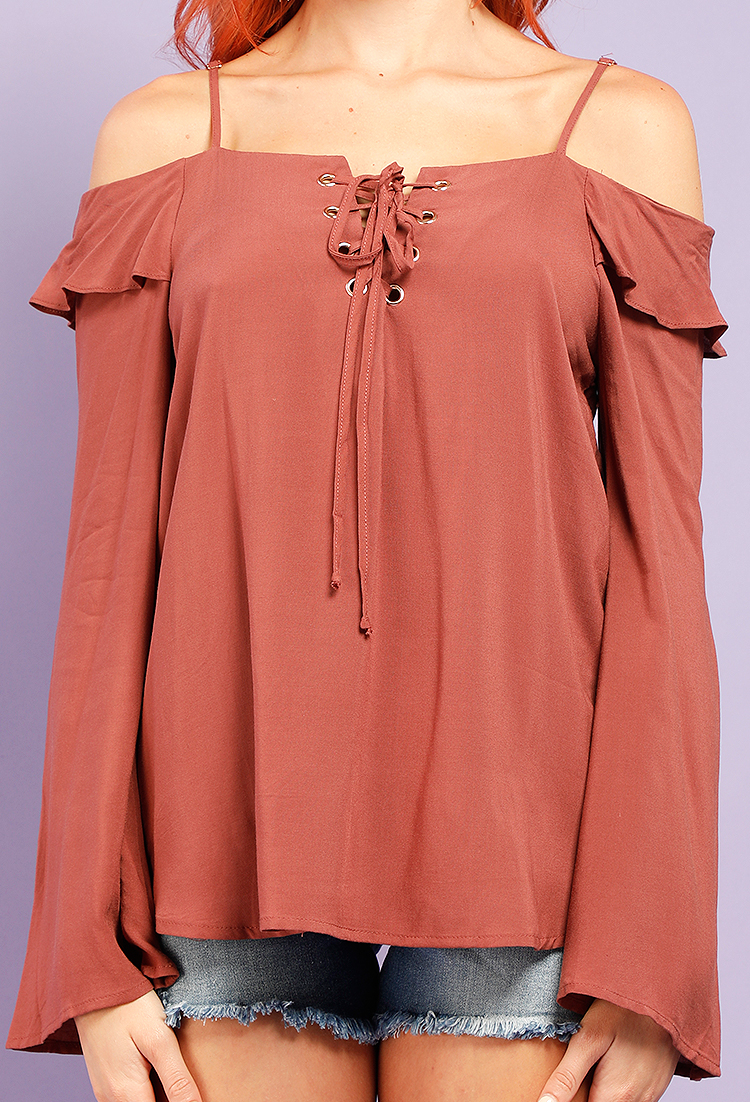 Lace Up Ruffled Open-Shoulder Blouse