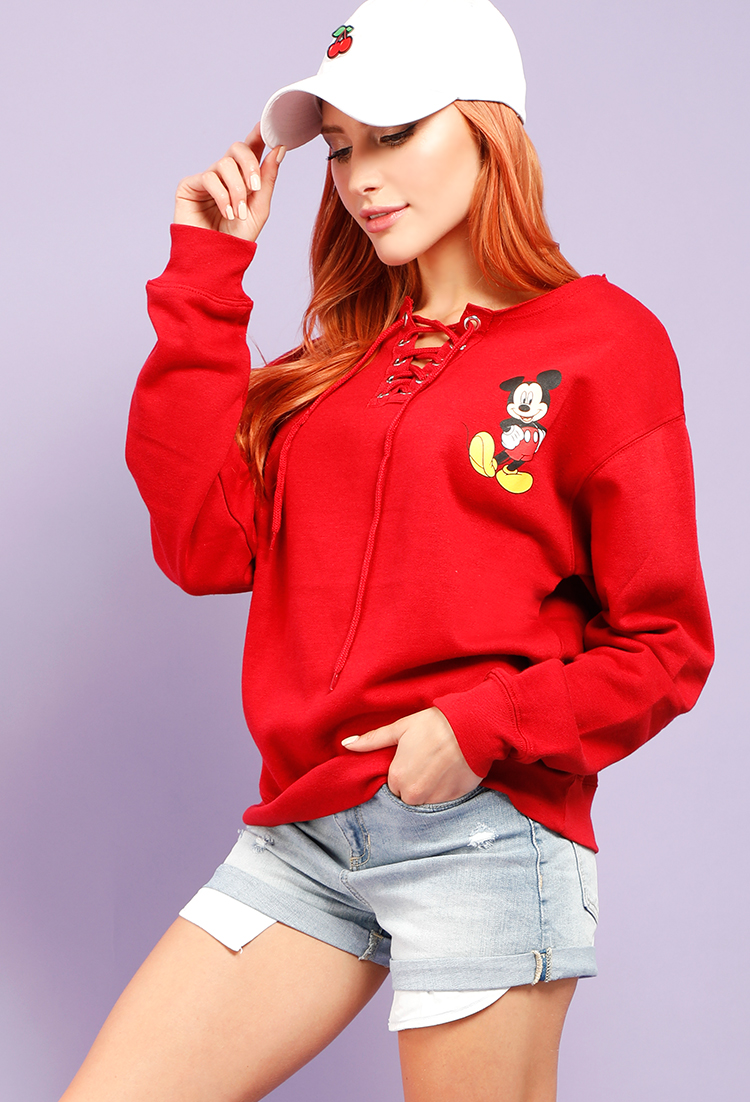 Mickey Mouse Graphic Lace-Up Fleece Sweatshirt