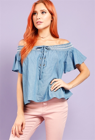 Smocked Lace-Up Chambray Off-The-Shoulder Top