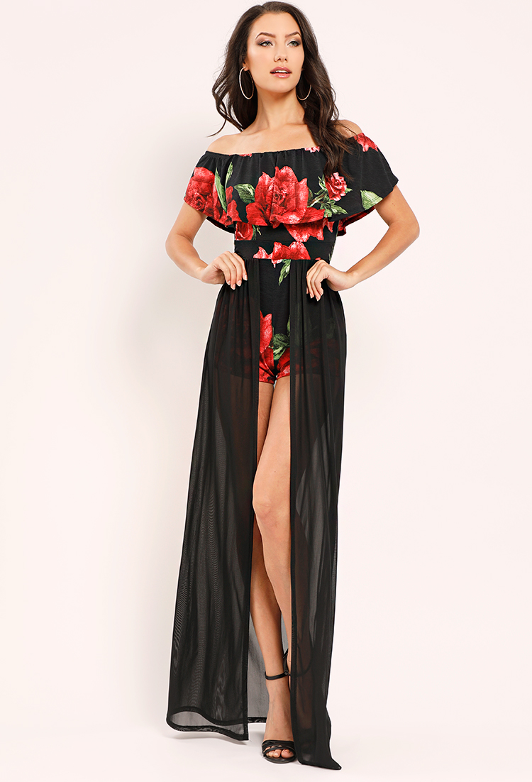 Floral Printed Flounce Off-The-Shoulder Maxi Dress