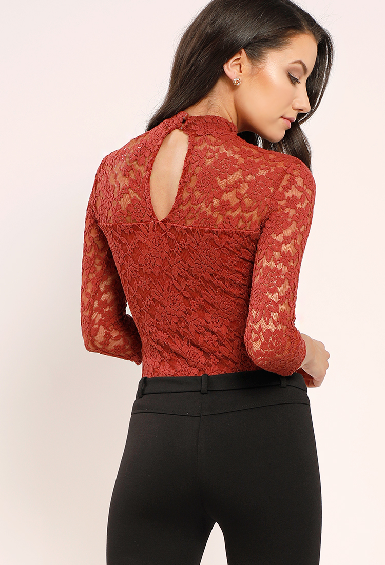 Semi-Sheer Floral Lace Mock Neck Top