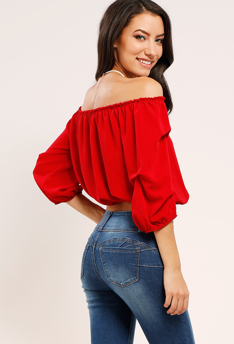 Chiffon Off-The-Shoulder Top W/ Necklace