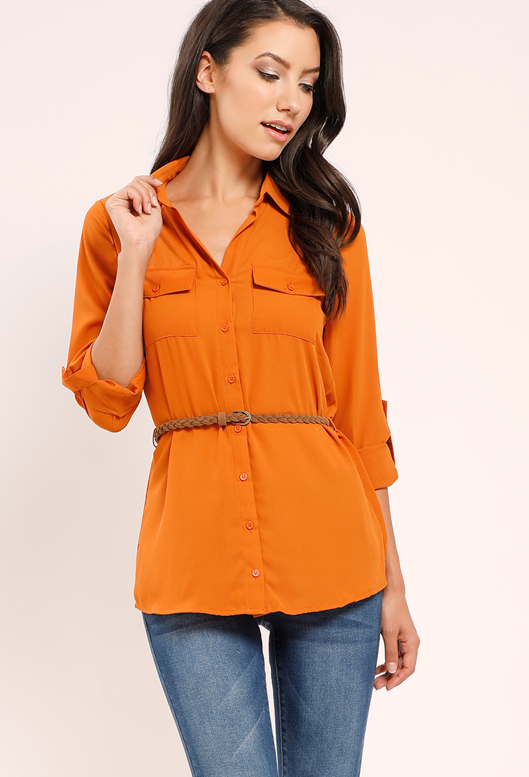 Button Down Blouse With Belt