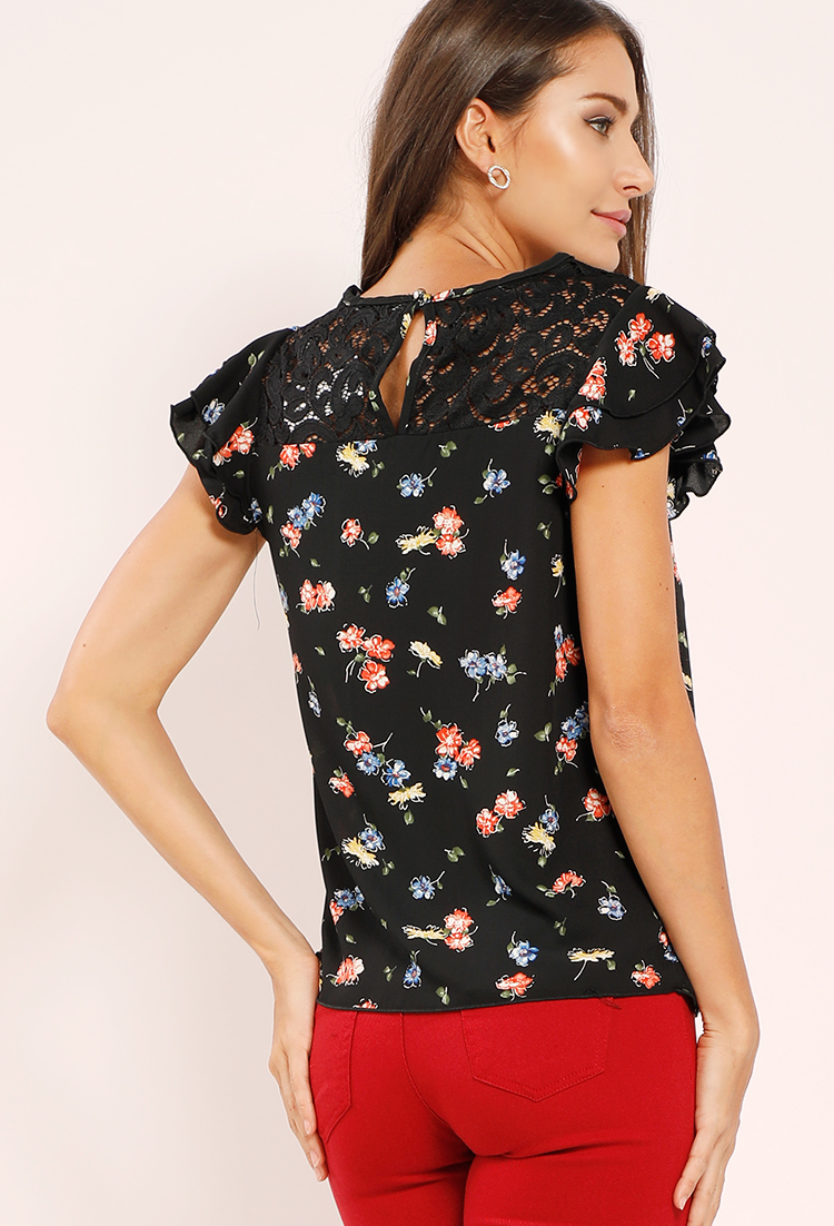 Ruffled Lace-Paneled Floral Top