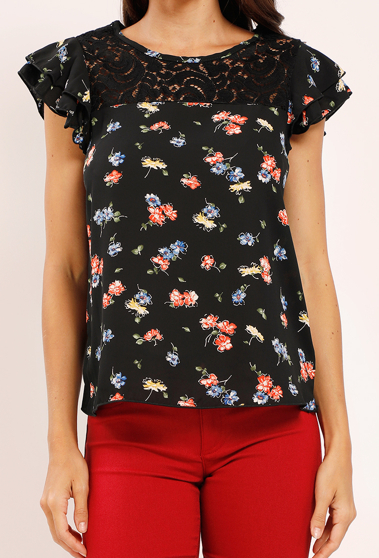 Ruffled Lace-Paneled Floral Top
