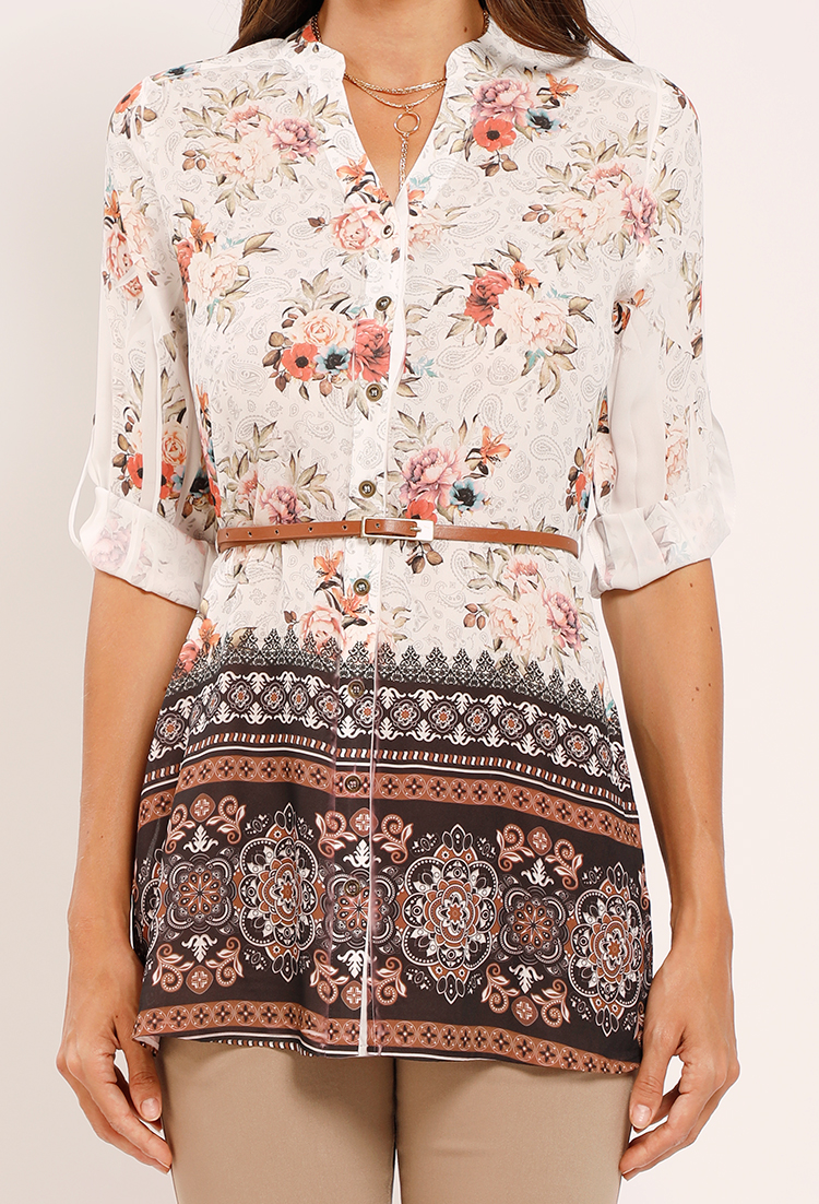 Belted Floral Print Button-Up Tunic