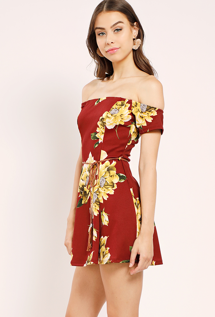 Belted Floral Off-The-Shoulder Dress