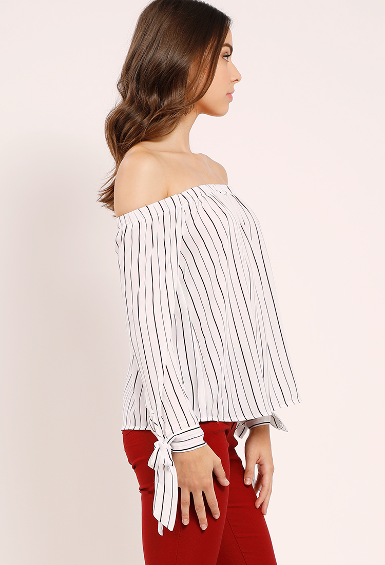 Off-The-Shoulder Striped Self-Tie Blouse