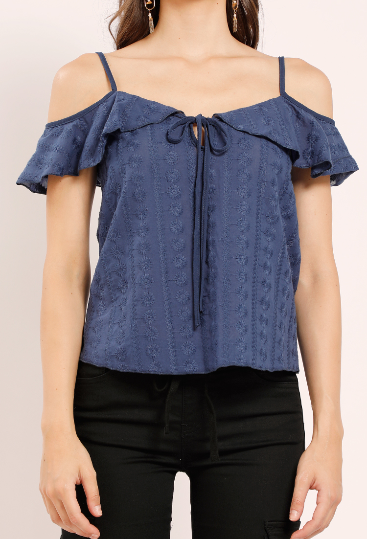 Ruffled Daisy Embroidered Open-Shoulder Top