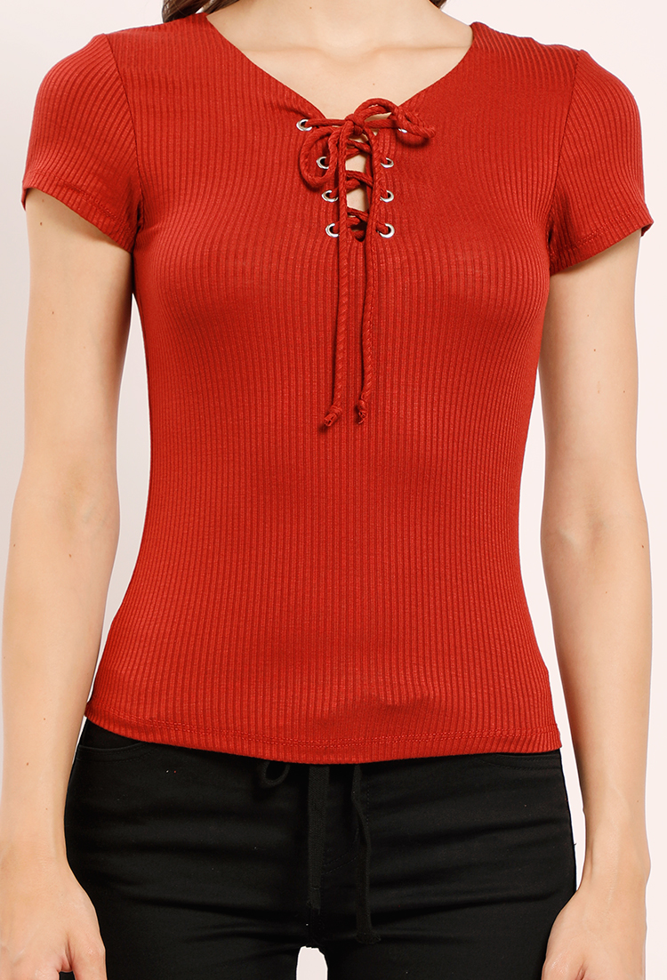 Ribbed Lace-Up Top