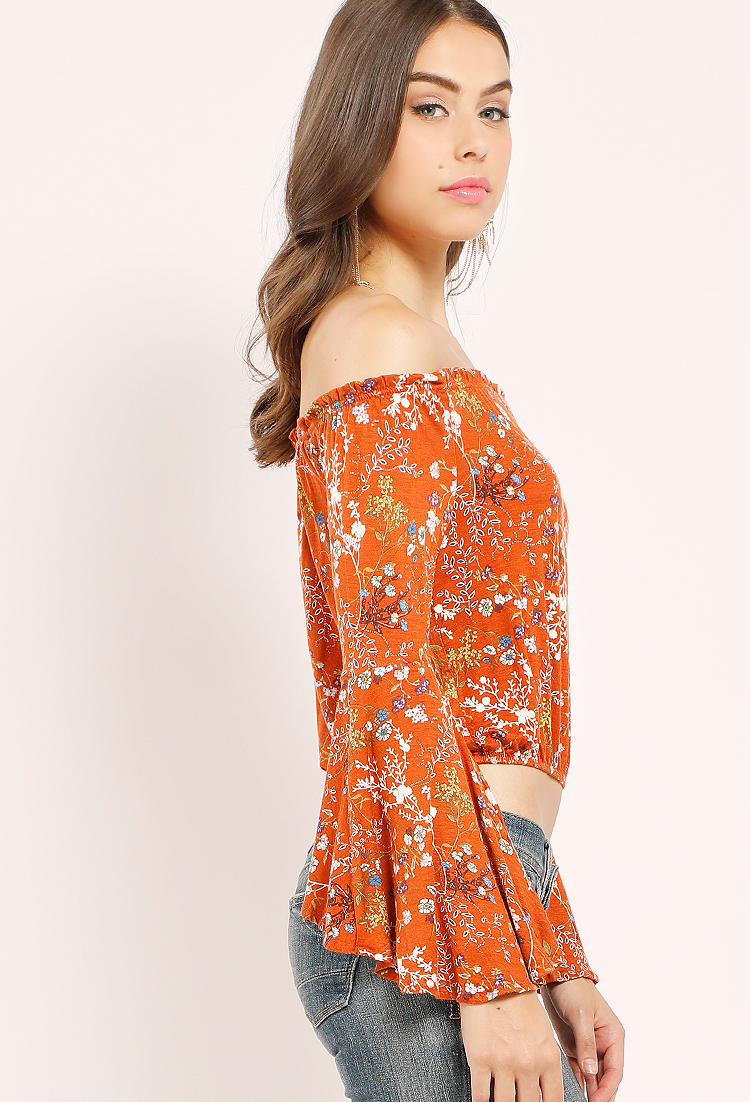 Off-The-Shoulder Floral Printed Bell-Sleeve Top