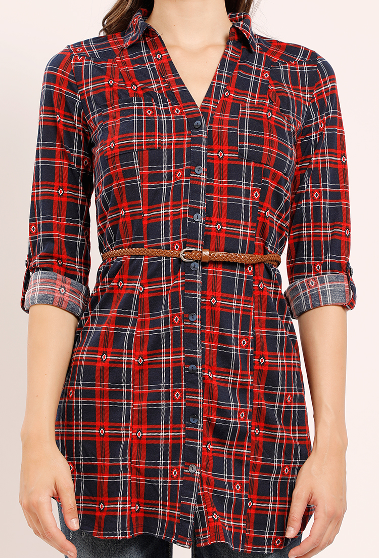 Plaid Flannel Roll-Up Sleeve Belted Top
