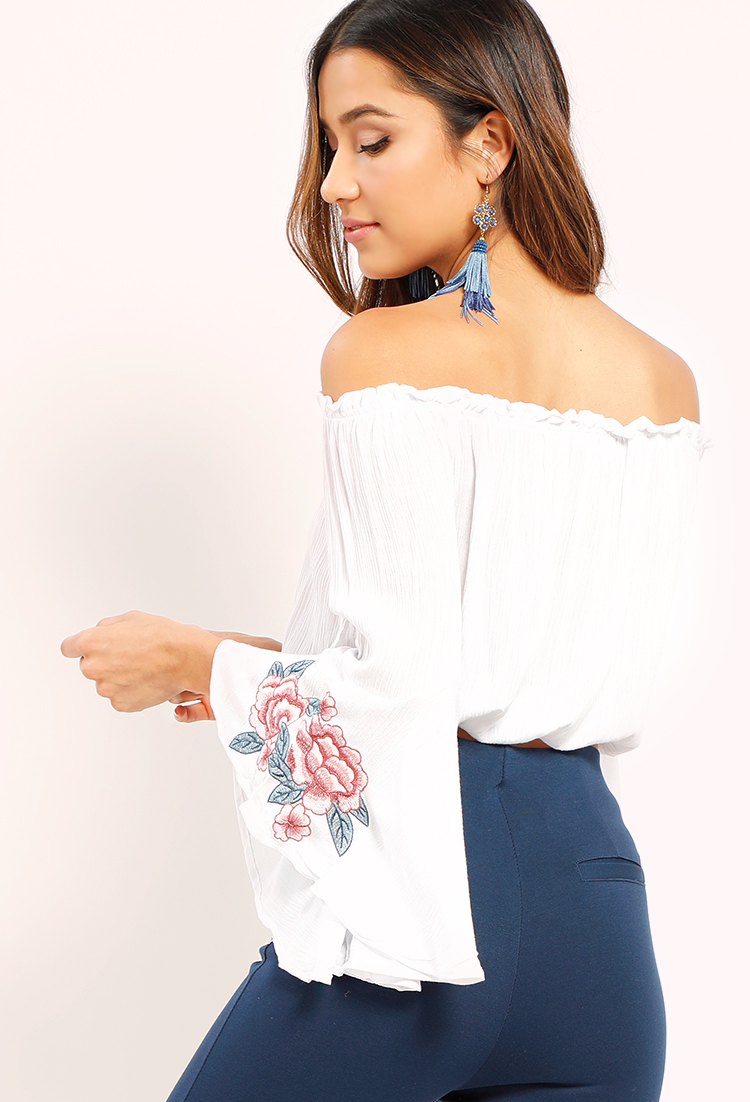 Bell Sleeved Embroidered Off-The-Shoulder Crop Top