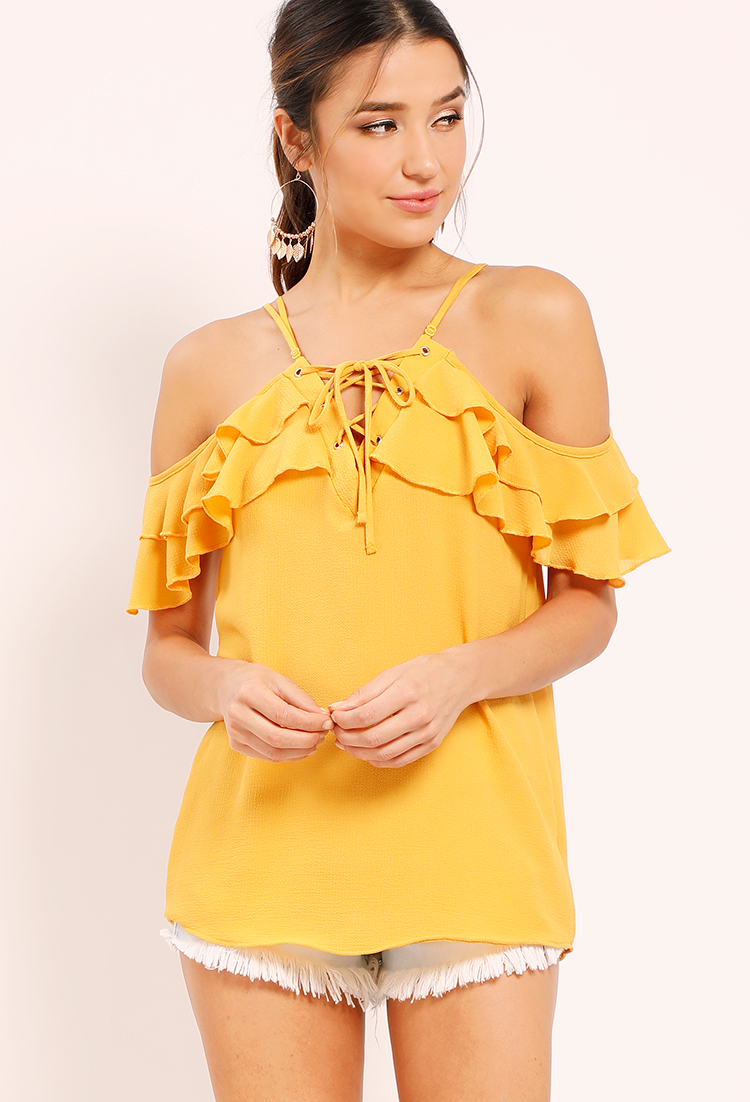 Ruffled Lace-Up Open-Shoulder Top