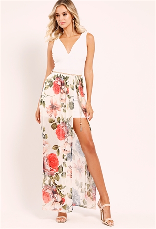 Floral Mesh Maxi Dress W/ Belt