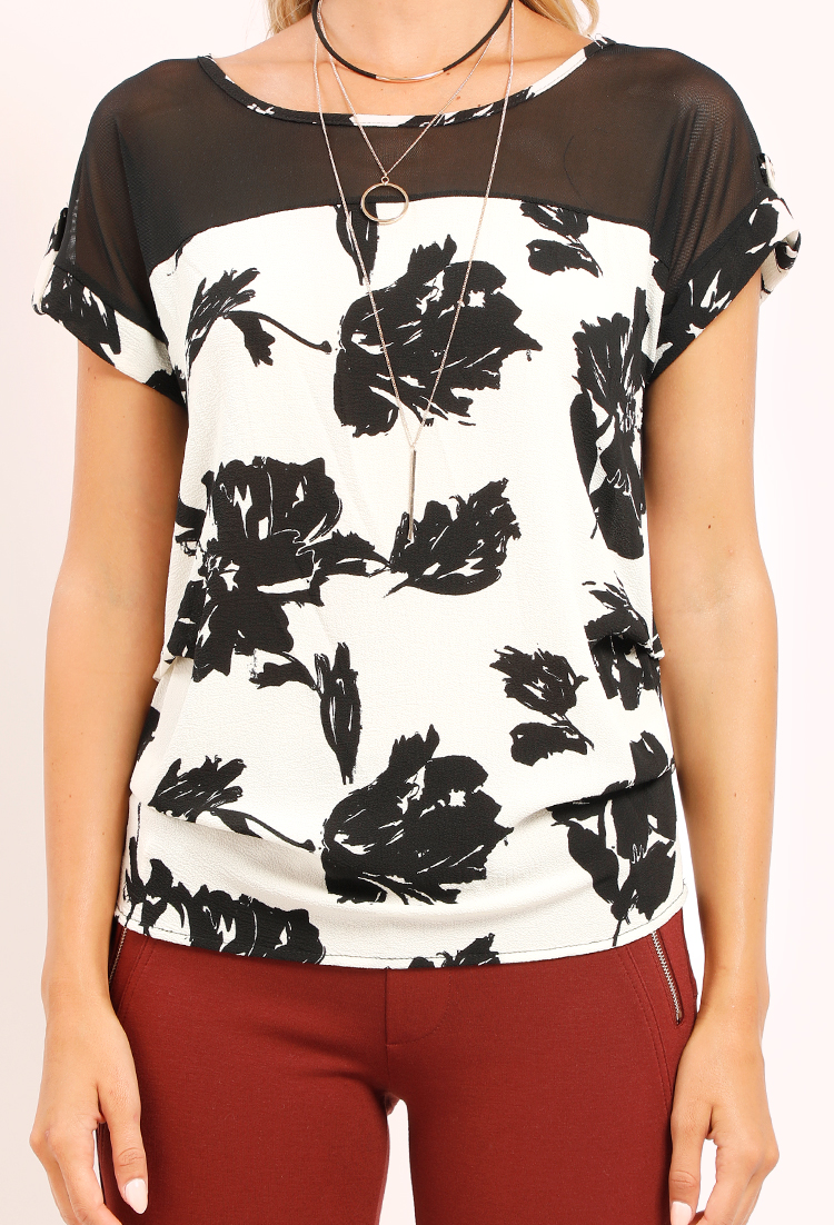 Floral Print Mesh Ruched Top
