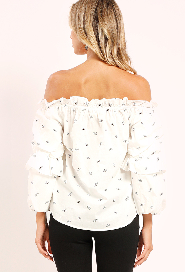 Dragonfly Printed Puff Sleeve Off-The-Shoulder Top