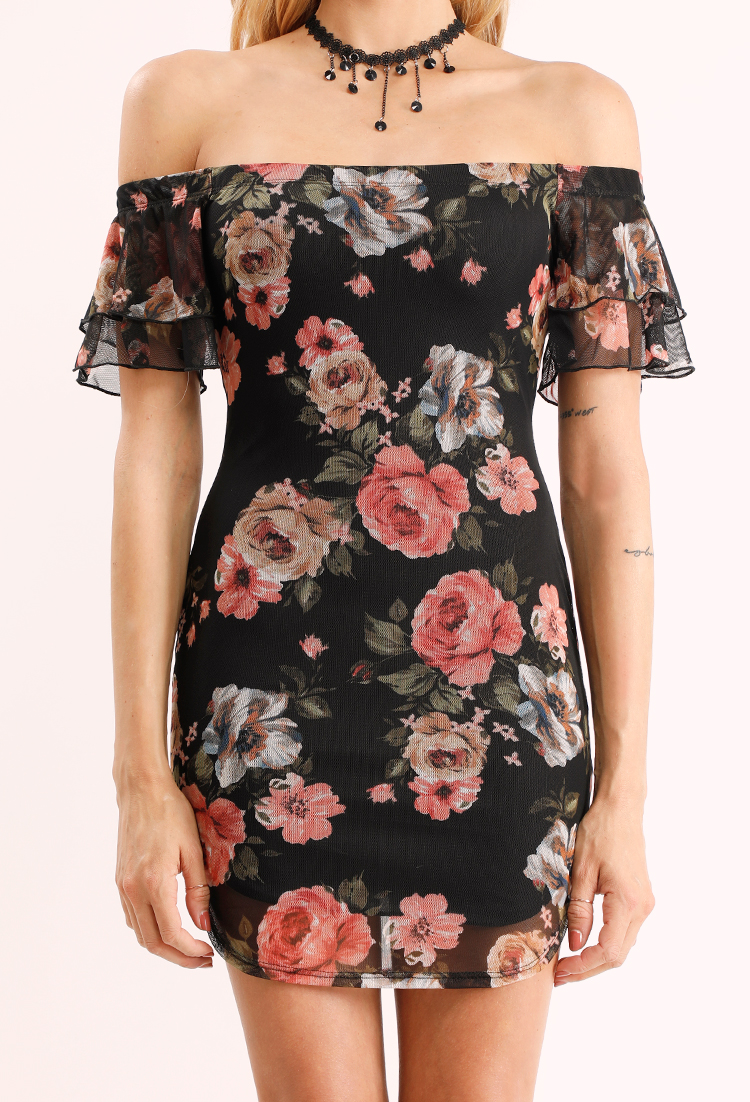 Mesh Floral Print Off-The-Shoulder Dress W/ Necklace