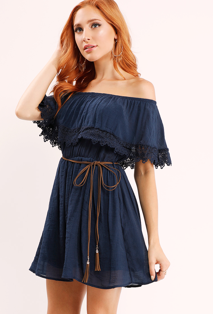 Belted Crochet-Trimmed Off-The-Shoulder Dress