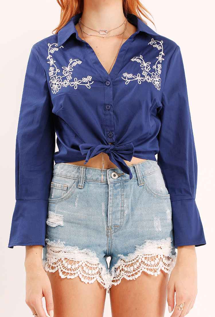 Floral Embroidered Self-Tie Crop Shirt