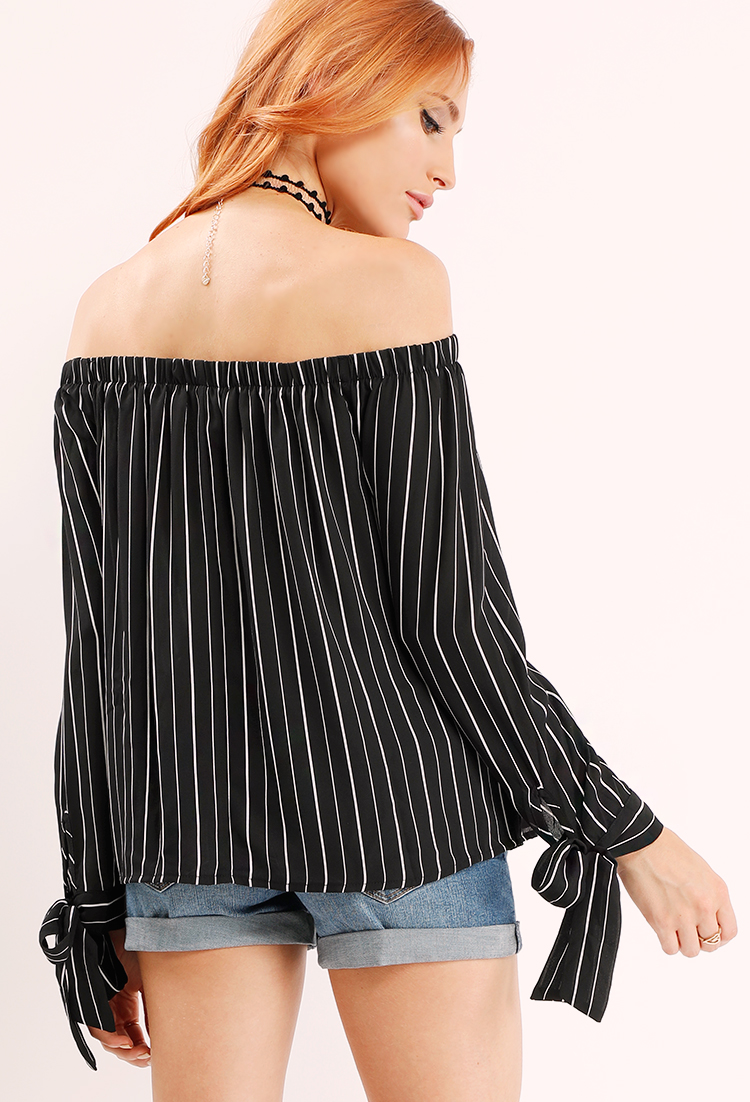 Off-The-Shoulder Striped Self-Tie Blouse