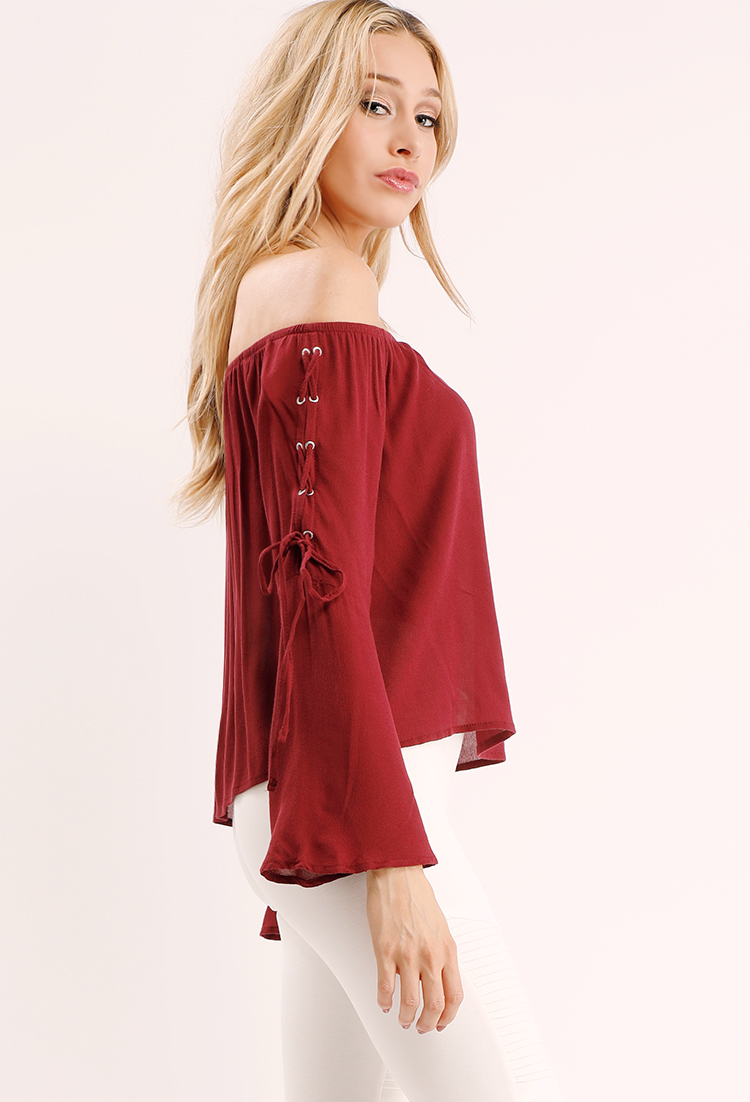 Bell-Sleeve Lace-Up Off-The-Shoulder Top
